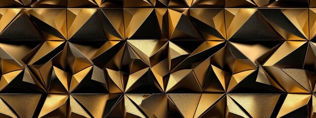 Seamless golden triangle checker mosaic pattern. Vintage abstract gold plated relief sculpture, black background. Modern elegant metallic luxury backdrop. Maximalist gilded wallpaper