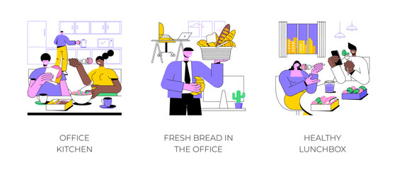 Lunchtime at work isolated cartoon vector illustrations set. Office kitchen, fresh bread in a smart office, healthy lunchbox, modern workplace nutrition, colleagues eating together vector cartoon.