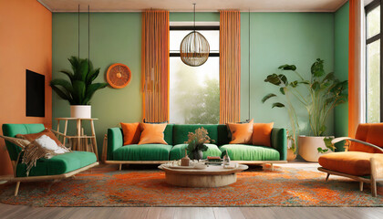 a stylish modern bohemian living room interior design with green and orange tone colors 3d rendering