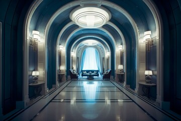 Luxurious: cream & blue symmetrical interior with shiny walls, unique architecture, expressive lighting. Generative AI