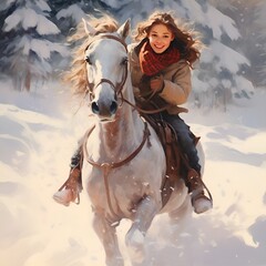 Horse galoping in the snow with a girl