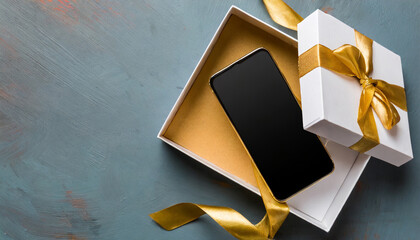 opened gift box with gold ribbon and smartphone on color background top view blank open box...