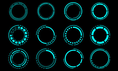 Set of sci fi blue circle user interface elements technology futuristic design modern creative on black background vector - 667682272