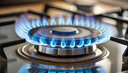 gas burning from a kitchen gas stove blue gas flame on hob closeup selective focus natural