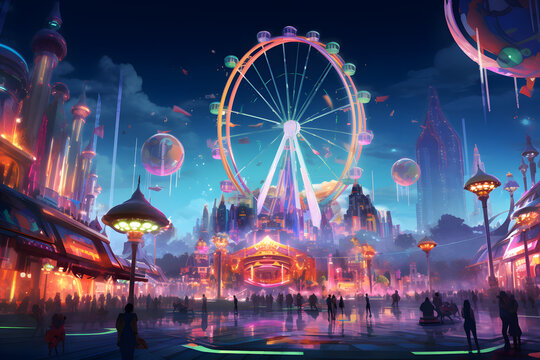 a nighttime view of a carnival filled with colorful lights