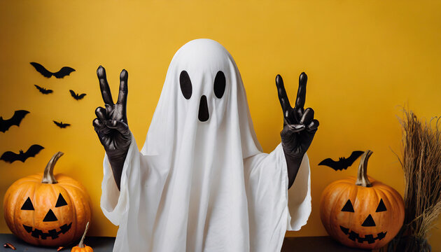 halloween white ghost showing peace sign gesture on yellow background - Powered by Adobe