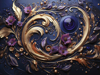 A masterpiece of designing art: A very beautiful purple swirl pattern in Eastern luxury style. The artist uses vibrant paints and adds golden glitters to create this magical artwork.