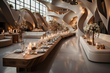 Modern guest tables decorated and served for a wedding celebration with white flowers and candles - Powered by Adobe
