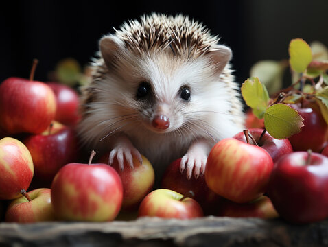 Aesthetics, very cute hedgehog with colourful apples.