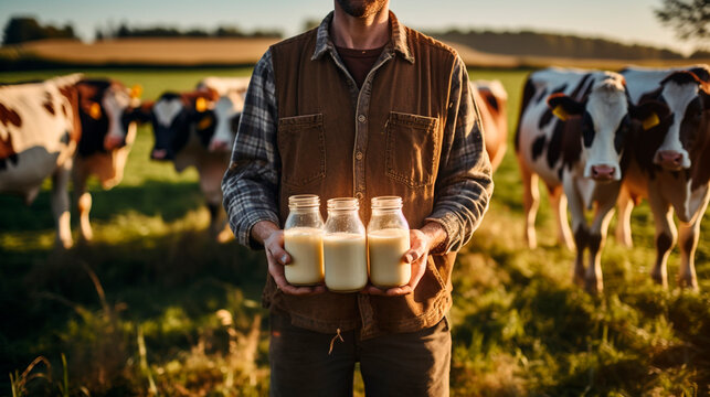 A man farmer holds milk in his hands. Generative AI,