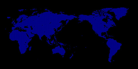 青色　モザイク柄　世界地図　Wold Map デジタルイメージ　背景黒