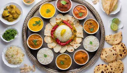overhead shot of a mouth watering indian thali with various curries rice and naan arranged in a circular pattern isolated on a white background - obrazy, fototapety, plakaty