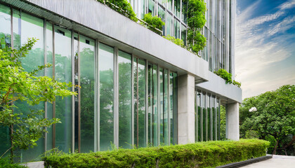 eco friendly glass office sustainable building with trees and green environment