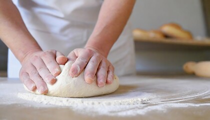 Obraz na płótnie Canvas Artisanal Bread Making: Skilled Baker's Hands with Copyspace