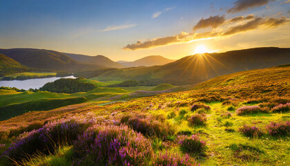 sunset over scottish highlands landscape with purple heather blooms green rolling hills lochs leading to distant mountains beauty generative ai - obrazy, fototapety, plakaty