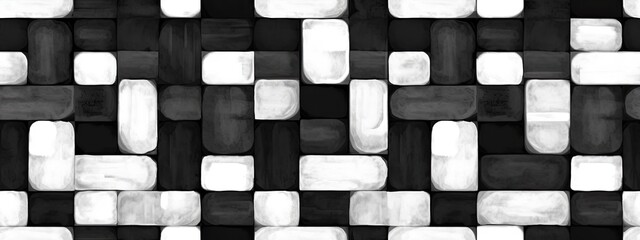 Seamless MCM mid century modern geometric rounded pill shaped basket weave pattern. Black white artistic acrylic paint texture background, painted vintage abstract wallpaper surface design.