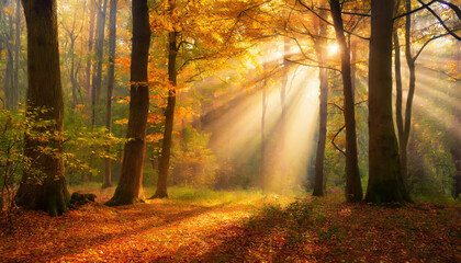 magical autumn forest with sun rays in the evening trees in fog colorful landscape with foggy forest gold sunlight and orange foliage at sunset