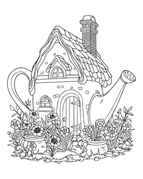 recommend clip art: A fairy house inside a teapot. Coloring