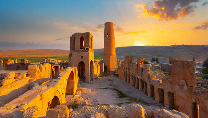 ruins of the ancient city of harran urfa turkey mesopotamia at amazing sunset old astronomy tower - Powered by Adobe