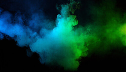 Fototapeta premium abstract backdrop cloud of green and blue smoke on a black isolated background soft mystery horror design spooky background texture concept
