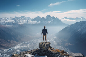 View from the top of the world, person standing and looking at majestic landscape - obrazy, fototapety, plakaty