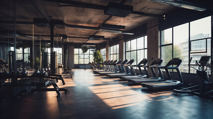 Well equipped gym centered around fitness, natural sunlight