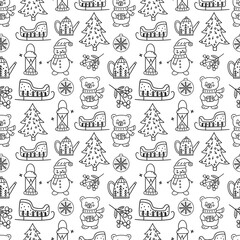 Seamless pattern. Bear and Christmas tree, lantern and snowman, kettle and sleigh, rowan and glass balls on white background. Black and white vector illustration hand drawn doodle. Festive print