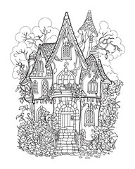 Magic house. Coloring page. Fairy building