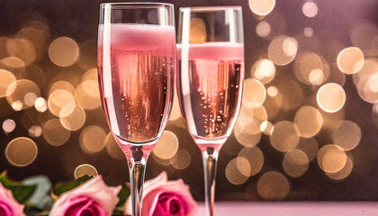 pink rose champagne glasses close up bokeh lights background new year valentines day celebration toast festive rose gold blur pink champagne sparkle glitter web banner