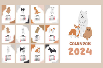 Dog vector vertical calendar 2024. Collection of cute baby dogs cartoon hand drawn style. Week starts on Sunday. - obrazy, fototapety, plakaty