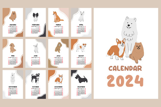 Dog vector vertical calendar 2024. Collection of cute baby dogs cartoon hand drawn style. Week starts on Sunday.
