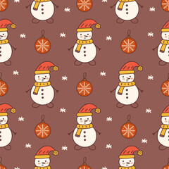 Seamless pattern with snowman in scarf and red hat and glass red Christmas ball with snowflake. Colorful vector illustration doodle hand drawn. New Years symbol, holiday element, print for background