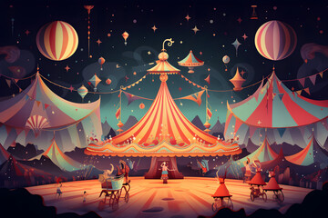 a crowd of people standing around a circus tent