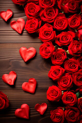 Fototapeta na wymiar Hearts and rose petals on a wooden background. Generative AI,