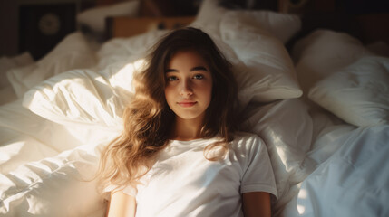 Young girl looks up at the camera, lays on the bed with bunch of pillows, top view