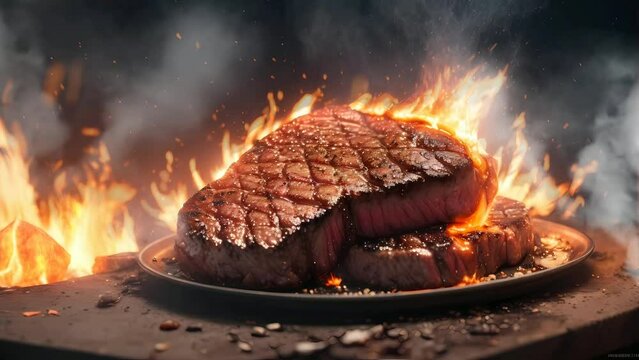 delicious steak with smoke and fire video animation, seamless looping video animated background
