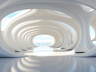 Obraz premium 3D Modern Architecture Render. Futuristic Building Construction. Geometric Structure. Abstract Interior Design. White Circular Architecture Background.