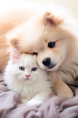 Fototapeta na wymiar Cute portrait of a kitten with a puppy. Generative AI,