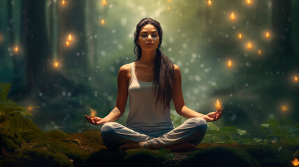 A woman in the lotus position in the forest does yoga and mindfulness exercises until she reaches nirvana. Generative AI,