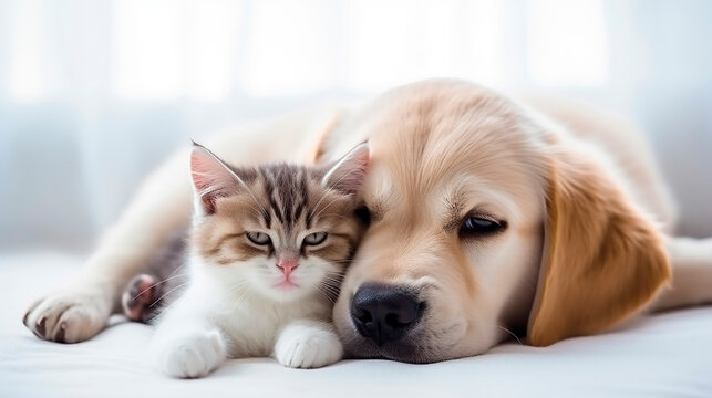 Cute portrait of a kitten with a puppy. Generative AI,