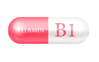 Capsule vitamin B1 (Thiamine) structure pink, white. Vitamin complex with chemical formula. Drug business. Personal care, beauty concept. Cut out PNG transparent pill.	