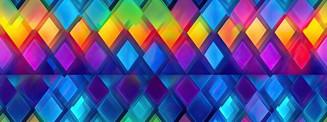 Seamless psychedelic rainbow diamond mosaic pattern background texture. Trippy abstract geometric gradient patchwork checkers. Bright colorful neon wallpaper
