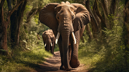 Fototapeta premium Adult African elephants walking along path through the forest
