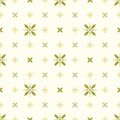 In this seamless pattern, make green-gray flowers, petals in light and dark shades. Arranged on a light yellow background, decorated with golden yellow rings and alternate with small flowers.