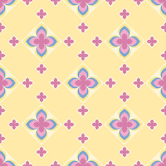 In this seamless pattern, large flowers are arranged in a harmonious pink, blue and yellow. Decorated with small pink flowers placed neatly, on yellow background, looks beautiful and attractive.