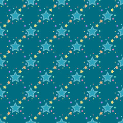 In this seamless pattern, create a geometric shape of a large  green star surrounded by smaller stars and colorful circles, on dark green background. Looks beautiful and bright.