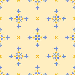 In this seamless pattern, a geometric pattern resembling a blue four-petal flower is arranged alternating with yellow diamonds in a bouquet on a bright yellow background.
