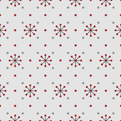 In this seamless pattern, create a red flower stamen shape. Surrounded by neatly alternating red and gray diamonds on a light gray background. It looks sweet, bright, warm and beautiful.