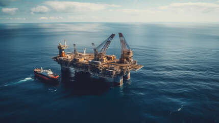 Aerial view of offshore oil and gas rig platform in the sea