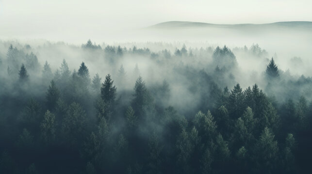 Fototapeta Aerial view of a foggy forest